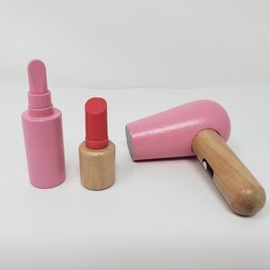 Blow Dryer Lipstick Lip Gloss Wooden Toy Pretend Beauty Salon Pink Lot of 3